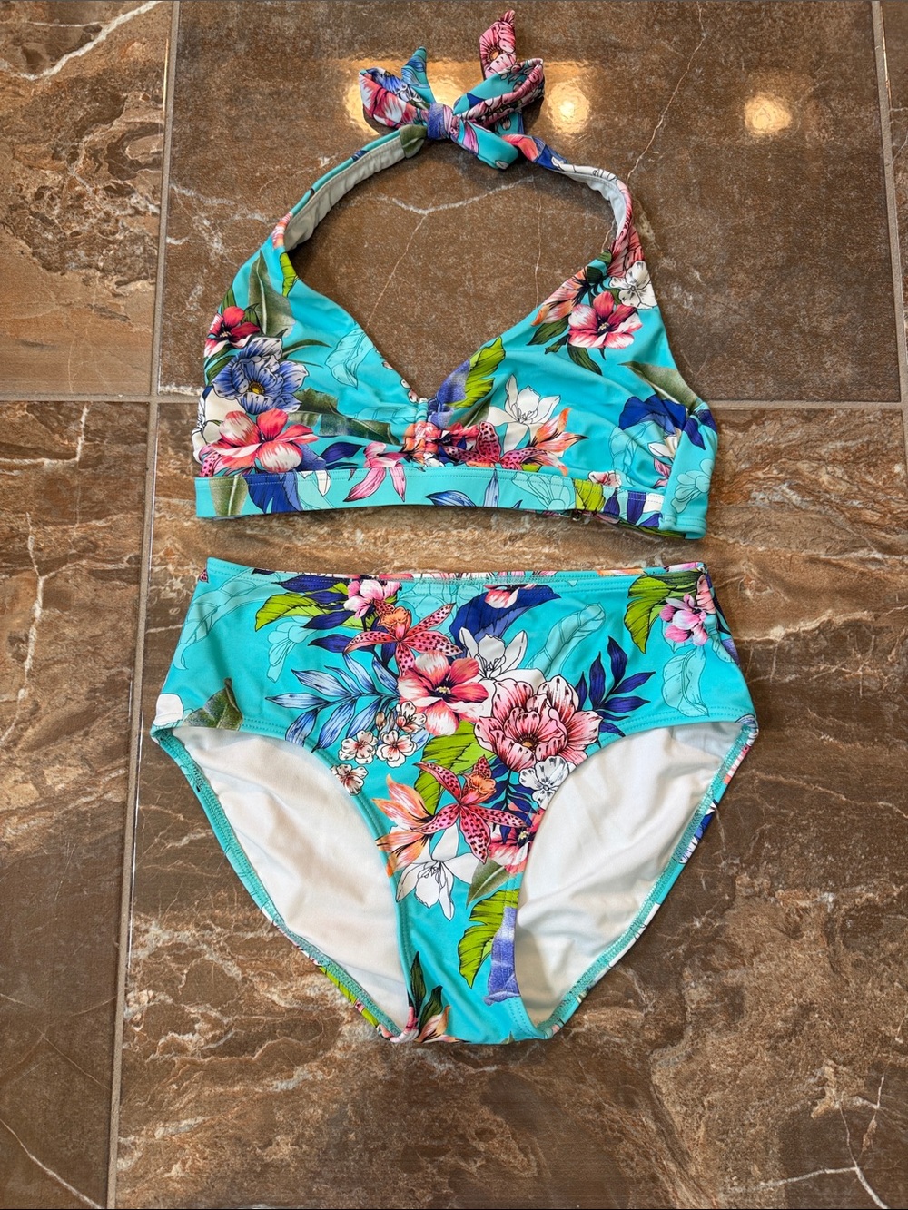 Turquoise Floral Two-Piece Halter Bikini bottoms size 6 top M